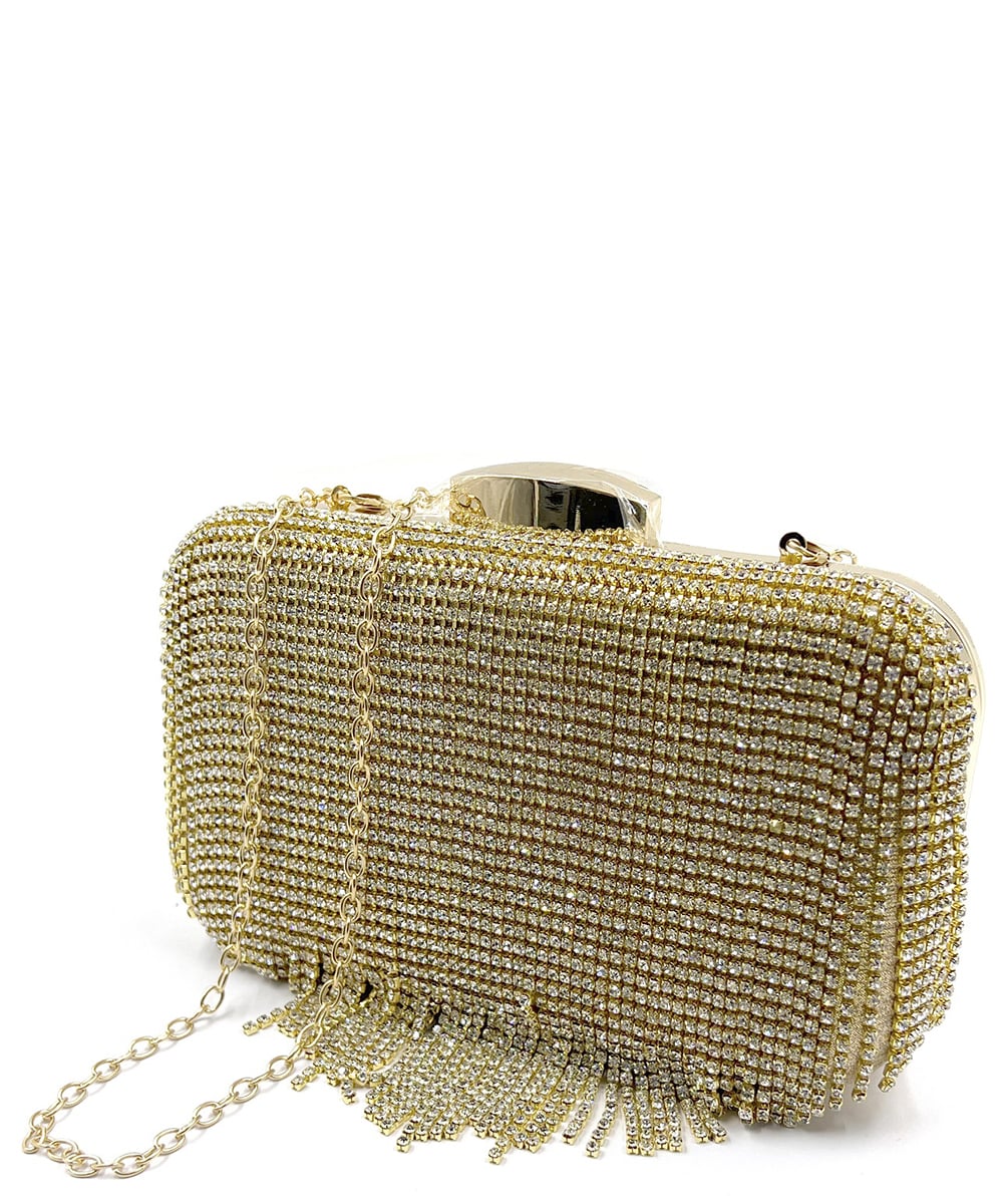 Rhinestone Fringe Clutch-Gold