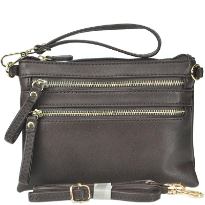 Petit Double Zippered Pocket Clutch with Wristlet and Strap - K001 - Brown