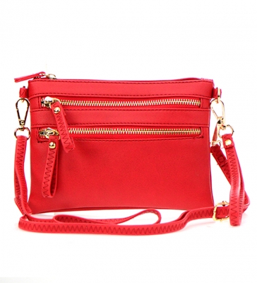 Petit Double Zippered Pocket Clutch with Wristlet and Strap - K001 32701 -Red