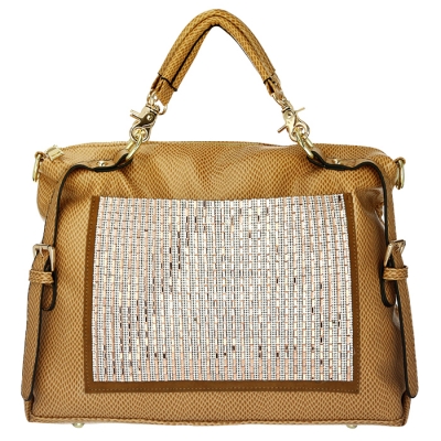 Luxury Faux Leather Matrix Handbag Beautiful Rhinestone Accent 33290 - Khaki
