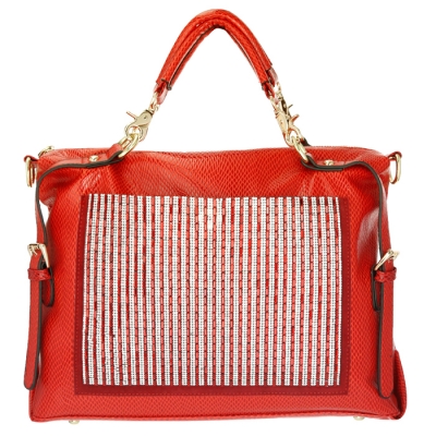 Luxury Faux Leather Matrix Handbag Beautiful Rhinestone Accent 33290 - Red