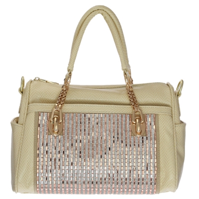 Luxury Faux Leather Matrix Handbag Beautiful Rhinestone Accent 33294 - Apricot