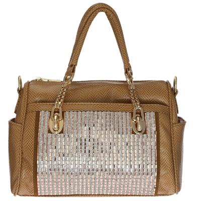 Luxury Faux Leather Matrix Handbag Beautiful Rhinestone Accent 33294 - Khaki