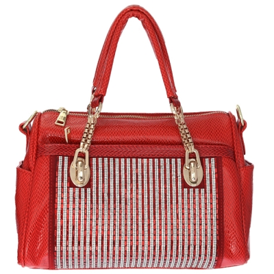 Luxury Faux Leather Matrix Handbag Beautiful Rhinestone Accent 33294 - Red