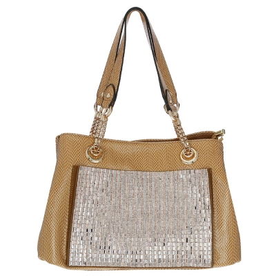 Luxury Faux Leather Matrix Handbag Beautiful Rhinestone Accent 33298 - Khaki