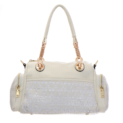 Vegan Leather Matrix Handbag with Snake Pattern Accent 33309 - White