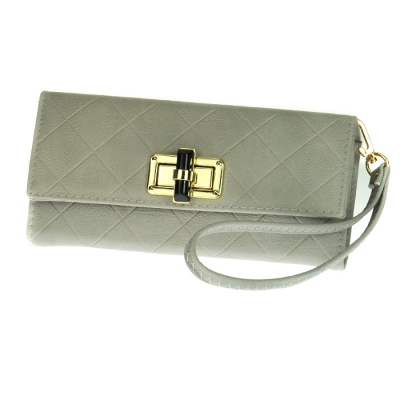 Gold Clasp Faux Leather Diamond Texture Rhinestone Accent Wallet with Wristlet and Strap 33493 - Taupe