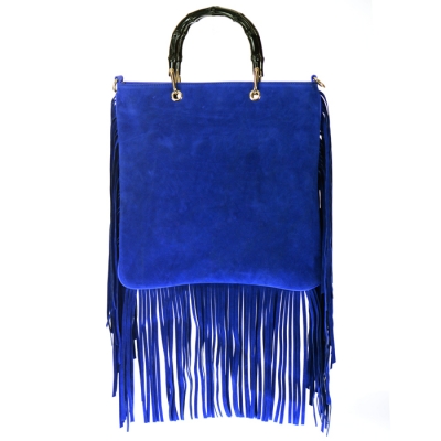 Bamboo Style Hard Handle Felt Leather Fringe Bag 34419 - Blue