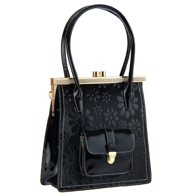 Patent Leather Floral Design Shoulder Bag 35414 - Black