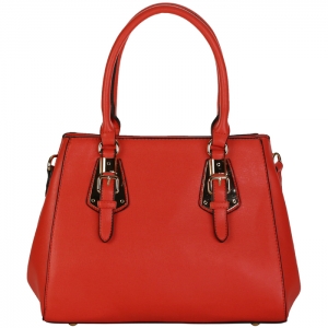 Designer Faux Leather Gold Buckle Accent Handbag 33685 - Red